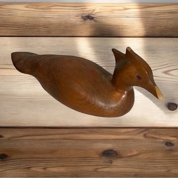 12.5” Wooden Carved Duck Decoy Brown Stripped Wood - Picture 2 of 11